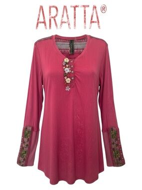 Aratta Embroidered Floral Henley Top - Berry Pink